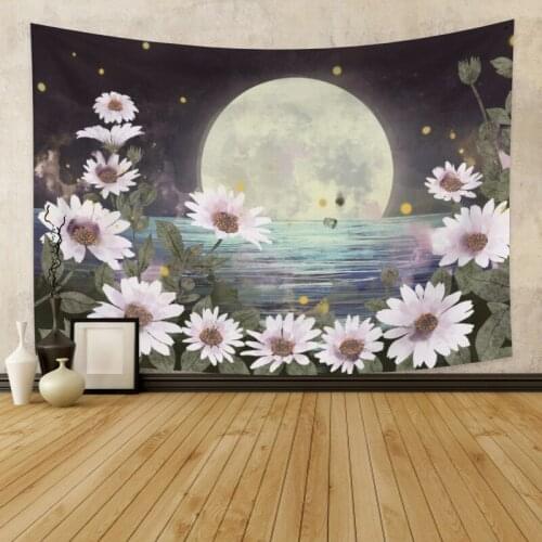 Pink Flowers and Moom Tapestry Vintage Exotic Summer Plant Nature Frame for Bedroom Photography Wall Decor