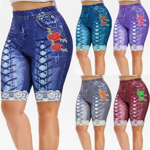Heigh Quality New Ladies Knee Length Jeans Women Fashion Rose Printed Skinny Slim Stretch Pants For Female Plus Size 5 Color