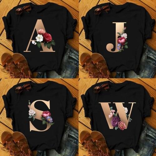 Harajuku Kawaii Cartoon Print T-shirt Ladies 26 Letter Flower Black T-shirt O Neck Femme Tees Ladies Clothing Girls Tops