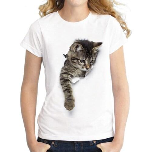 Women Summer Loose Tshirt Modal Short Sleeve Cut Cat Printed White Tee Shirts Fashion Female Camisetas Verano Mujer