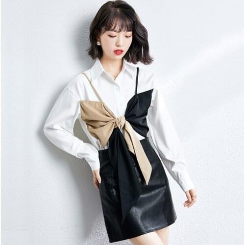 Women Blusas Mujer Long Sleeve Sexy Fake Tops Tees Korean Style Loose Patchwork OL Blouses Female Plus Size Shirts 1138