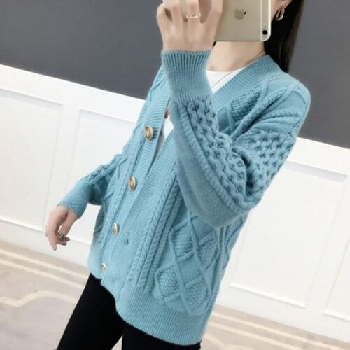 Women Sweater Cardigan Long Sleeve V-neck Single Breasted Pull Femme 2021 Spring Fall Korean Twist Knitted Coat Sueters De Mujer