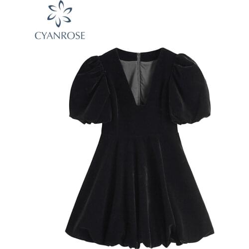 Vintage French Crop Dress Women 50s 60s Audrey Hepburn Flannel V Neck Dresses Puff Short Sleeve Sexy Party Elegant Fluffy Frocks