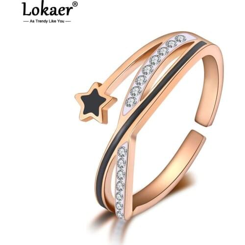 Lokaer Trendy Office Style Stainless Steel Party Rings For Women Girls Black Glaze Star Rhinestone Open Ring Jewelry R19115