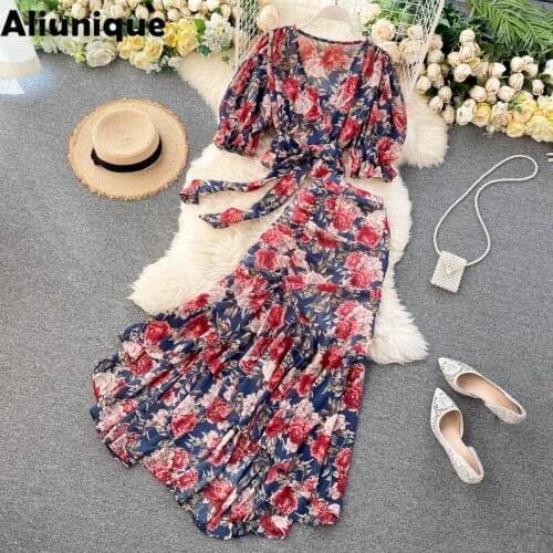 Aliunique New Chiffon Floral Dress for Women Summer Fashion Bohemian Vacation Beach 2pcs Set 2021 Print Pleated Long Skirt Suit