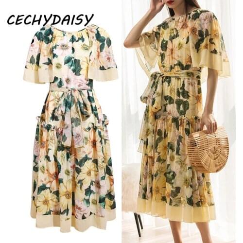 Midi Dresses For Women 2021 Summer Runway Fashion Chiffon Floral Printed Short Sleeve Elegant Vacation Party Beach Dress Clothes