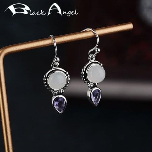 BLACK ANGEL Vintage Thai Silver Amethyst Moonstone Gemstone Drop Dangle Earrings For Women Fine Jewelry Wholesale