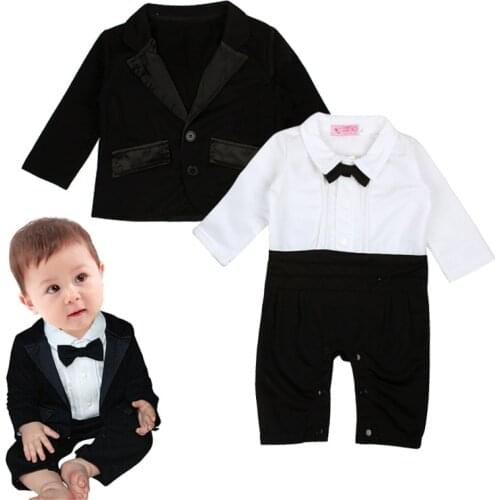 2pcs/Set Baby Dress Long Sleeve Lapel Shirt Romper Gentleman Bow Tie Rompers+Small Suit Jacket Wedding Flower Girl Costume