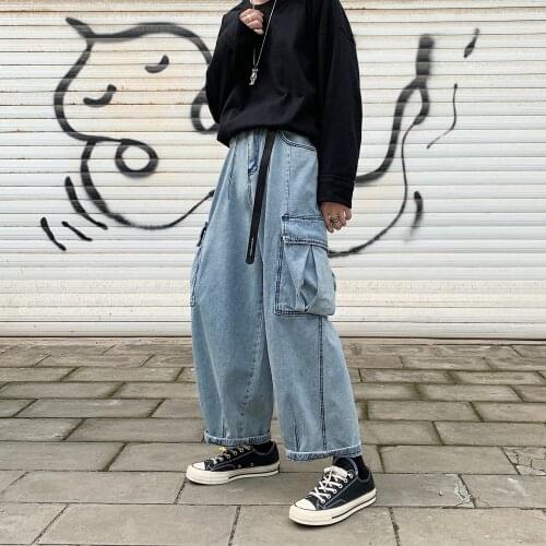 Men Black Baggy Jeans Big Pockets 2021 Kpop Hip Hop Harem Pants High Waisted Vintage Oversized Denim Pants Straight Pants