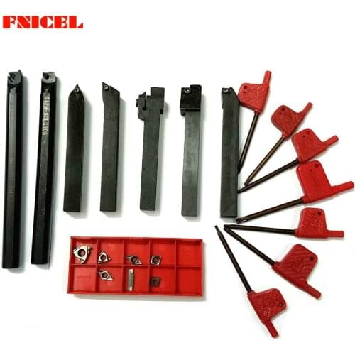 FNICEL New 21pcs/set 12mm Shank Lathe Turning Tool Holder Boring Bar + Silver Carbide PVD Inserts Set For Machining Steel