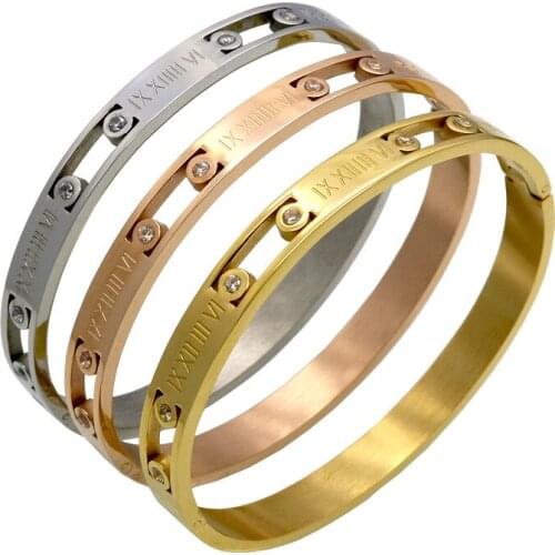 Hot Sale Fashion Titanium Steel Bangles Crystal Rose Gold White Gold Bangles Roman Numerals Womens Bracelet