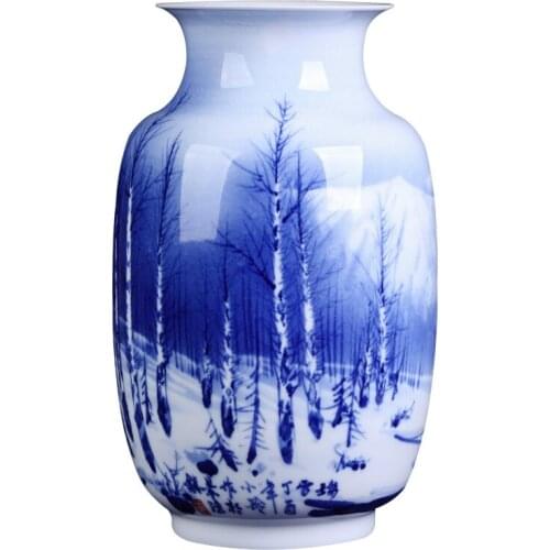 Chinese Style Master Hand Painted Blue and White Porcelain Snow Scenery Flower Vase For Decoration