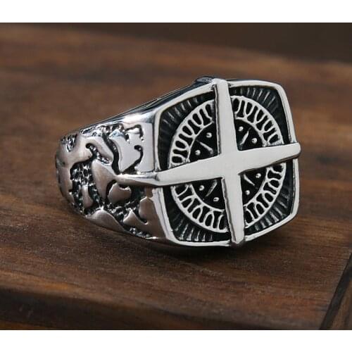 Vintage Geometric Crack Viking Compass Rings For Men Solid Stainless Steel Cross Finger Ring Heavy Punk Biker Jewelry Gift