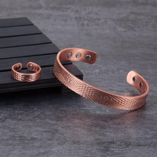 Vinterly Magnetic Jewelry Sets for Women Men Health Bracelet Ring Jewelry Sets Vintage Adjustable Cuff Copper Bangles Rings