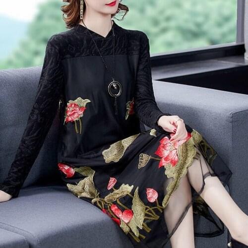 Fall Spring Vintage Women Clothing , Full Sleeve Patchwork Embroidery Flower Black Mesh Dress , Woman 4xl Loose A Line Dresses