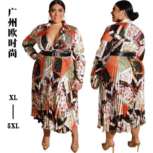 Autumn print pleated satin deep V sexy dress with belt European and American plus size womens clothing Boheimian Vestido