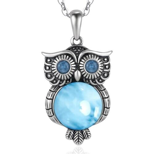 Antique Silver Jewelry Ocean Blue Natural Larimar Owl Pendant Necklace in 925 Sterling Silver