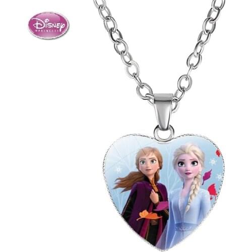 Disney Frozen 2 Love Necklace Childrens Cartoon Elsa Princess Anna Heart Shaped Pendant Girl Necklace Accessories Kids Gifts