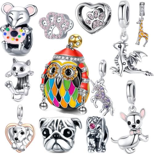 Fit European Pan Bracelet Real 925 Sterling Silver Cute Owl Dalmatian Cat Charm or Jewelry Bangles Bird Beetle Beads Making
