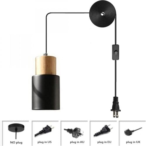 Pendant Light with Cylindrical Shade Lamp and Wood Lamp Holder, Hanging Light with Iron Lampshade, Plug In Pendant Light (Black)