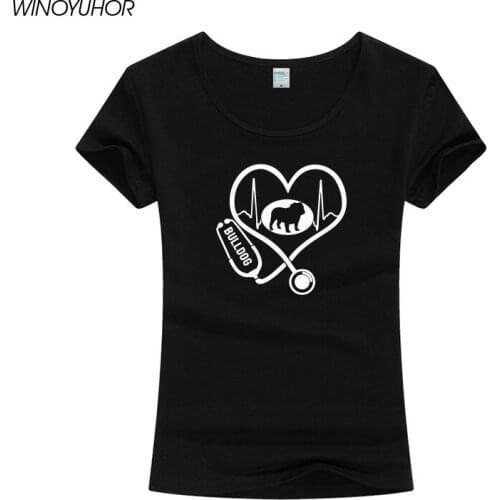 Heart Stethoscope Nurse Medical Field Profession Top Tees Cotton Women Funny Bulldog Printed Short Sleeve Tshirt For Lady