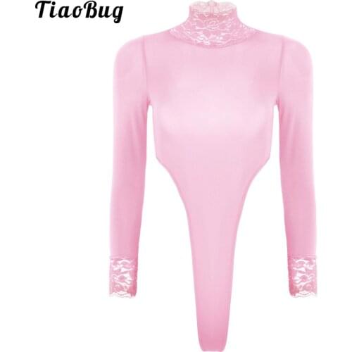 TiaoBug Women One-Piece Sheer Lingerie Long Sleeve Turtleneck High Cut Tank Thong Leotard Bodysuit Underwear