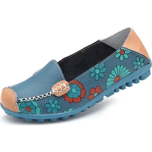 Soft Cow Leather Womens Flat Shoes 2021 New Loafers Ladies Slip On Flower Print Casual Walk Shoes Mother Comfortable PW023