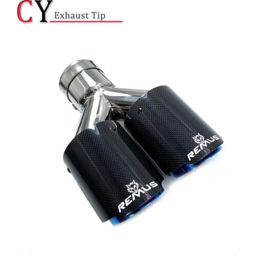 1Piece Universal Glossy Straight Carbon Blue Stainless Steel Dual tip Equal Length Muffler Pipe With Remu Logo
