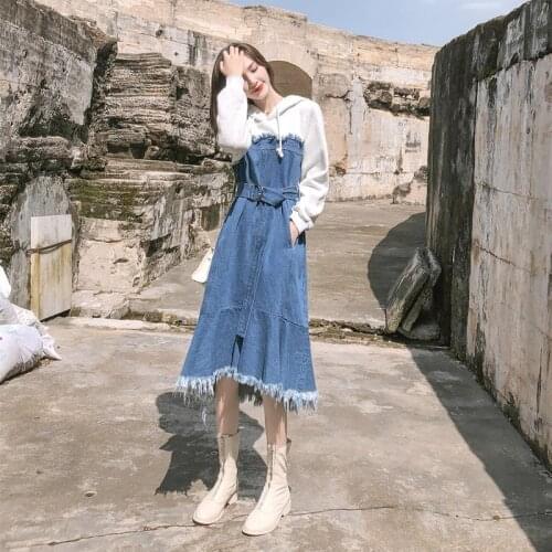 Hooded Jean Dresses Women 2019 New Fashionable Streetwear Jeans Patchwork Autumn Hoodie Dress Sashes Mermaid Denim Dress DD1990