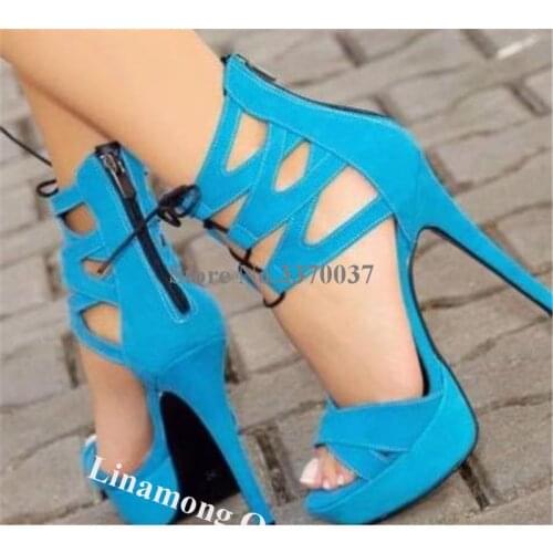 Linamong New Fashion Open Toe Blue Suede High Platform Stiletto Heel Gladiator Sandals Straps Cross Lace-up High Heel Sandals