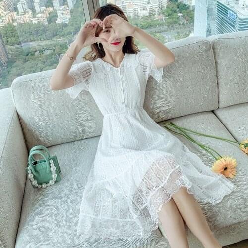 Summer White Lace Knee Length Dress Women Ruffle Petal Sleeve Button High Waist Fashion Dresses for Party Wedding Clothes Female