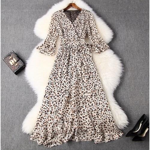 2020 Womens Spring-Summer Womens New V-neck Flared Sleeve Waist Ruffled Chiffon Floral Dress T3742