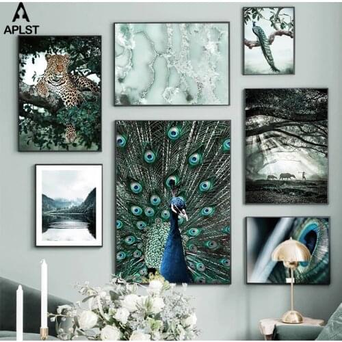 Animal Peapock Lepord Elephant Poster Feather Art Landscape Mountain Lake Painting Water Drop Picture Canvas Prints Home Decor