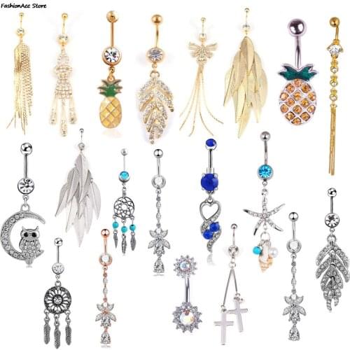 1PC Sexy Dangle Belly Bars Belly Button Rings Fashion Surgical Steel Rhinestone Body Jewelry Navel Piercing Rings