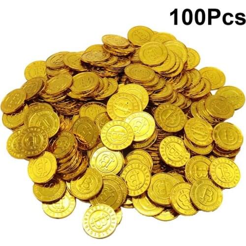 100pcs Pirates Gold Coins Plastic Currency Toy Game Props Chips Playset Party Favor Bitcoin for Kids (Golden)