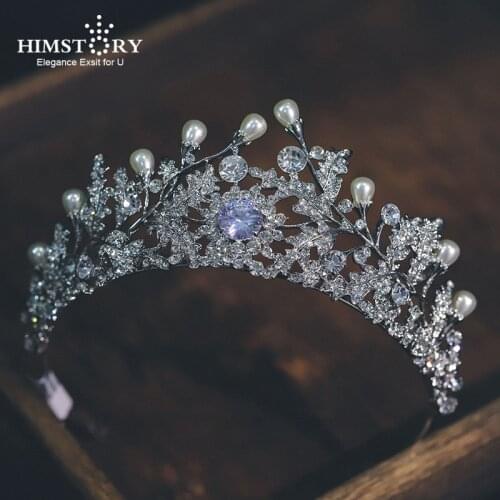HIMSTORY Princess Pearl Rhinestone Tiara Crown Girls Bridal Prom Party Headband Wedding Party Hair Jewelry Accessories