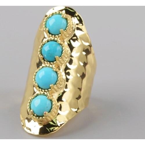 BOROSA Natural Turquoises Band Ring Equidistant Four Blue Stones with Metal Ring High End Look ZG0337