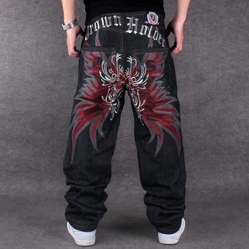 Mens Jeans Top Rushed Stripe 2020 Loose Hip Hop Jeans Men Printed Hiphop Tide Trousers Embroidered Flower Wings denim trousers