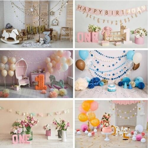 Laeacco Happy 1st Birthday Party Floral Flower Balloons Cake Gift Baby Portrait Family Photocall Photo Background Photo Backdrop