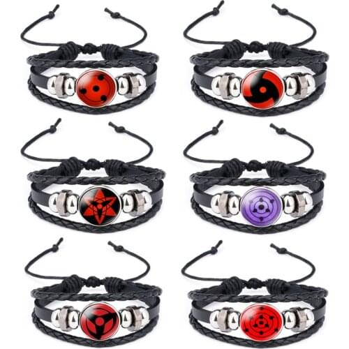 Shippuden Anime Leather Bracelet Uchiha Sasuke Icon Glass Round Photo Handmade Beaded Bracelets Fashion Fans Gift
