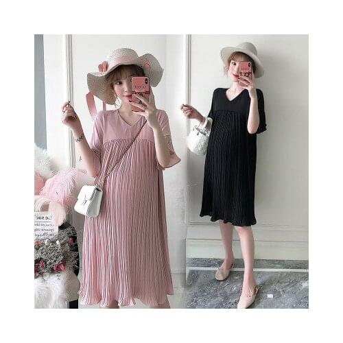 Summer new maternity dress pleated solid color fashion large size pregnant women version dress