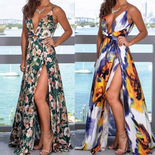 Summer printed suspender V-neck flower womens dress split skirt European and American style evening dress SAGACE robe été