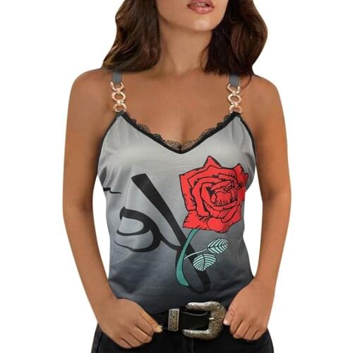 New Tank Top Women Rose Print Sleeveless Shirts Summer Casual Womens Blouses Lace V Neck Tanks Vest Slim Tops 2021 top femme