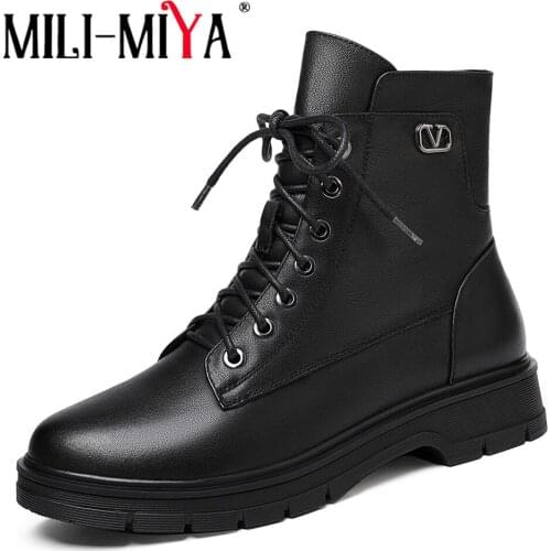 MILI-MIYA Classic Style Lace Up Ankle Boots Warm Winter Round Toe Casual Comfort Thick Heels Snow Anti Slip Sock Shoes Black