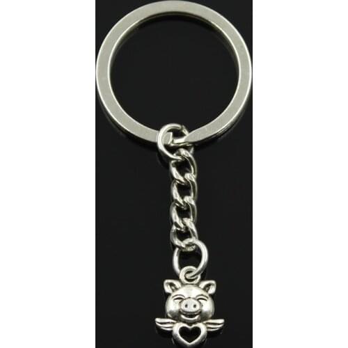 Fashion 30mm Key Ring Metal Key Chain Keychain Jewelry Antique Silver Color Plated Double Sided Fly Pig Heart 16x14mm Pendant