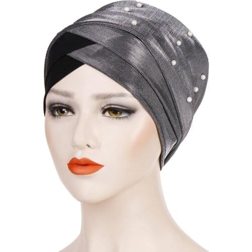 Muslim headdress turban cap for women Shiny Pearl solid cotton inner hijabs bonnet arab wrap head hijab Islamic turbantes 2021