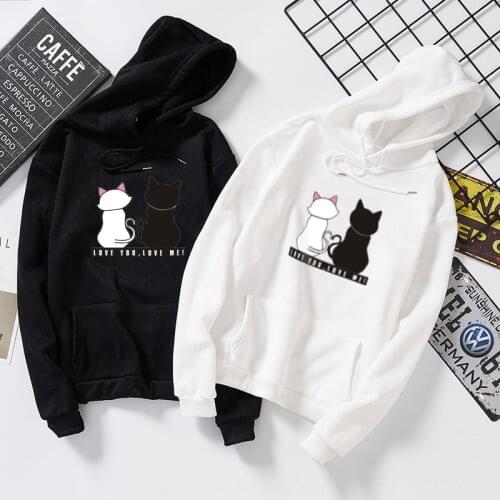 BEFORW 2020 Hoodies Unisex Black White Couple Cat Hoodie Jumper Men Women Casual Printed Sweatshirt Long Sleeve Hoodie
