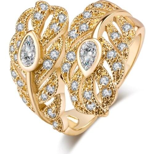 2019 New Best Selling Fashion Austrian Crystals leaf Womens Ring Micro Pave Zircon Gold-Color Ring Luxury Jewelry Dropshipping