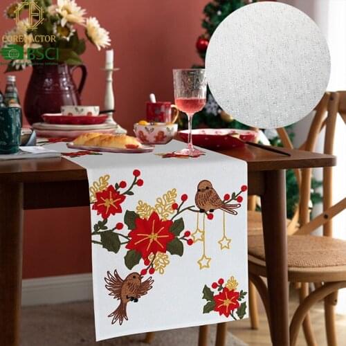 2021 New Products Home Decoration Christmas Embroidery Table Runner Silver Silk Polyester Table Runner Cover Cloth