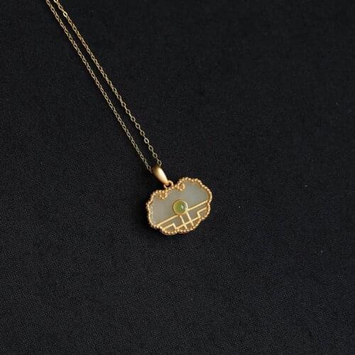 Original Hetian Jade Lock of Good Wishes Sterling Silver Gilding Inlaid White Jade Jasper Small Lock Pendant Gilding Necklace El